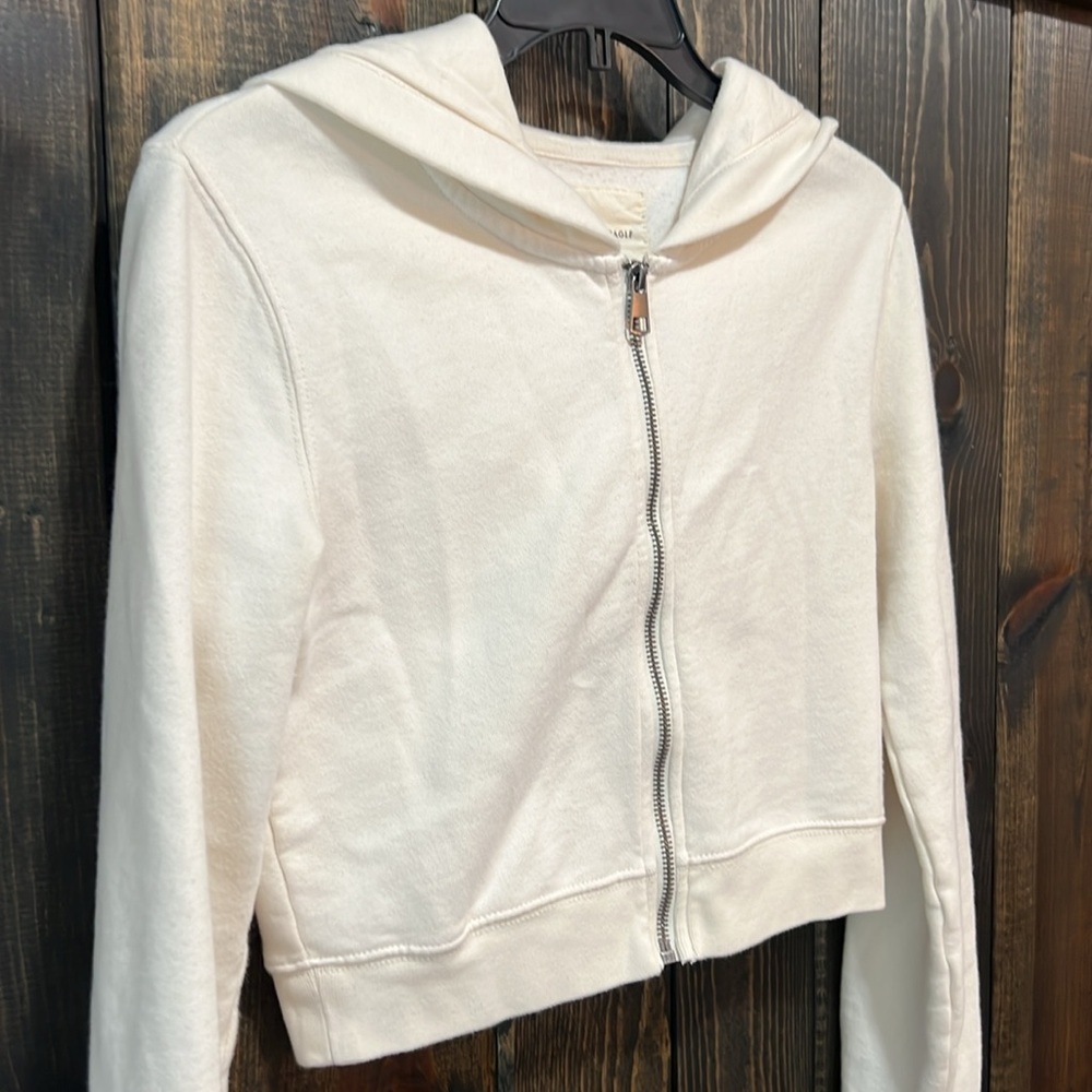 American Eagle Cream Cropped Hooded Jacket S Full Zip Preppy Minimalist Capsule - Picture 2 of 10